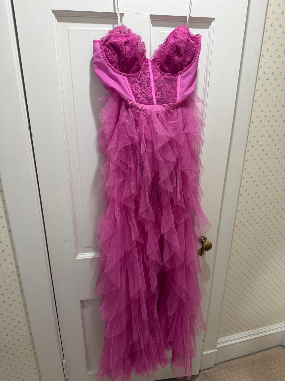 For Love and Lemons Hot Pink Lace & Ruffle Tulle Maxi Dress